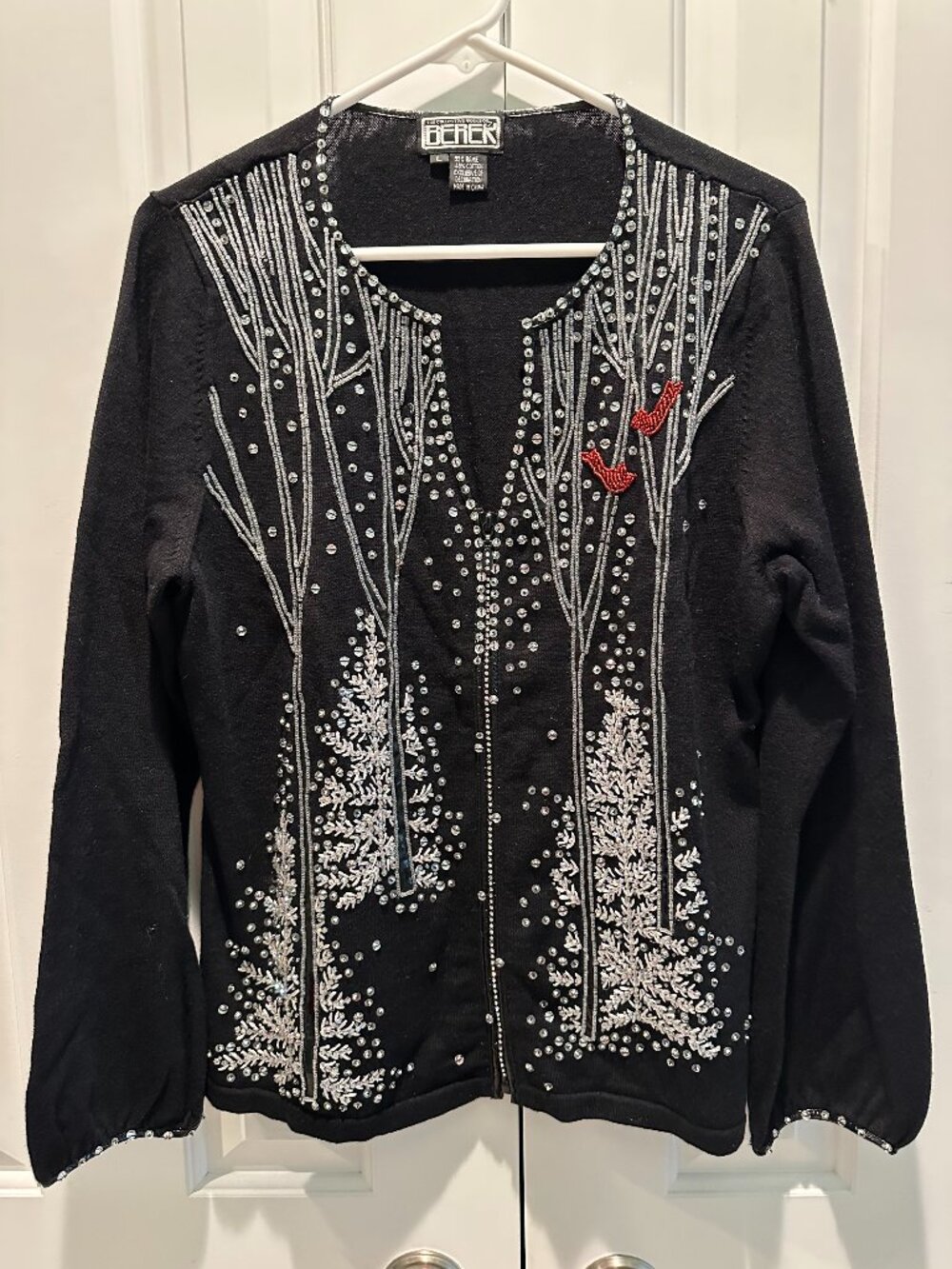 Berek Vintage Beaded Winter Cardigan Sweater Cardinal Birch Trees Christmas L